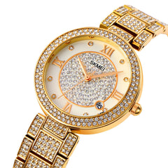 Women Quartz Watch with Diamond Roman Numerals and Round Dial - Silver