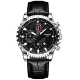 Stainless Steel Waterproof Men Sports Watch - Black Leather White Steel Black Surface