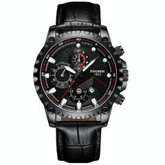 Stainless Steel Waterproof Men Sports Watch - Black Leather White Steel Black Surface