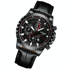 Stainless Steel Waterproof Men Sports Watch - Black Leather White Steel Black Surface