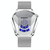 Black Technology Men Watch with Locomotive Concept - White Net Belt-White Steel-White Face
