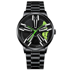 Men Metal Motorcycle Watch with Rotating Hub - Black Net Black Steel Green Surface