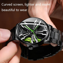 Men Metal Motorcycle Watch with Rotating Hub - Black Net Black Steel Green Surface