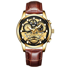 Waterproof Luminous Men Quartz Watch - Hollow Design - Brown Leather Gold Surface