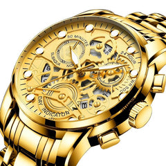Waterproof Luminous Men Quartz Watch - Hollow Design - Brown Leather Gold Surface