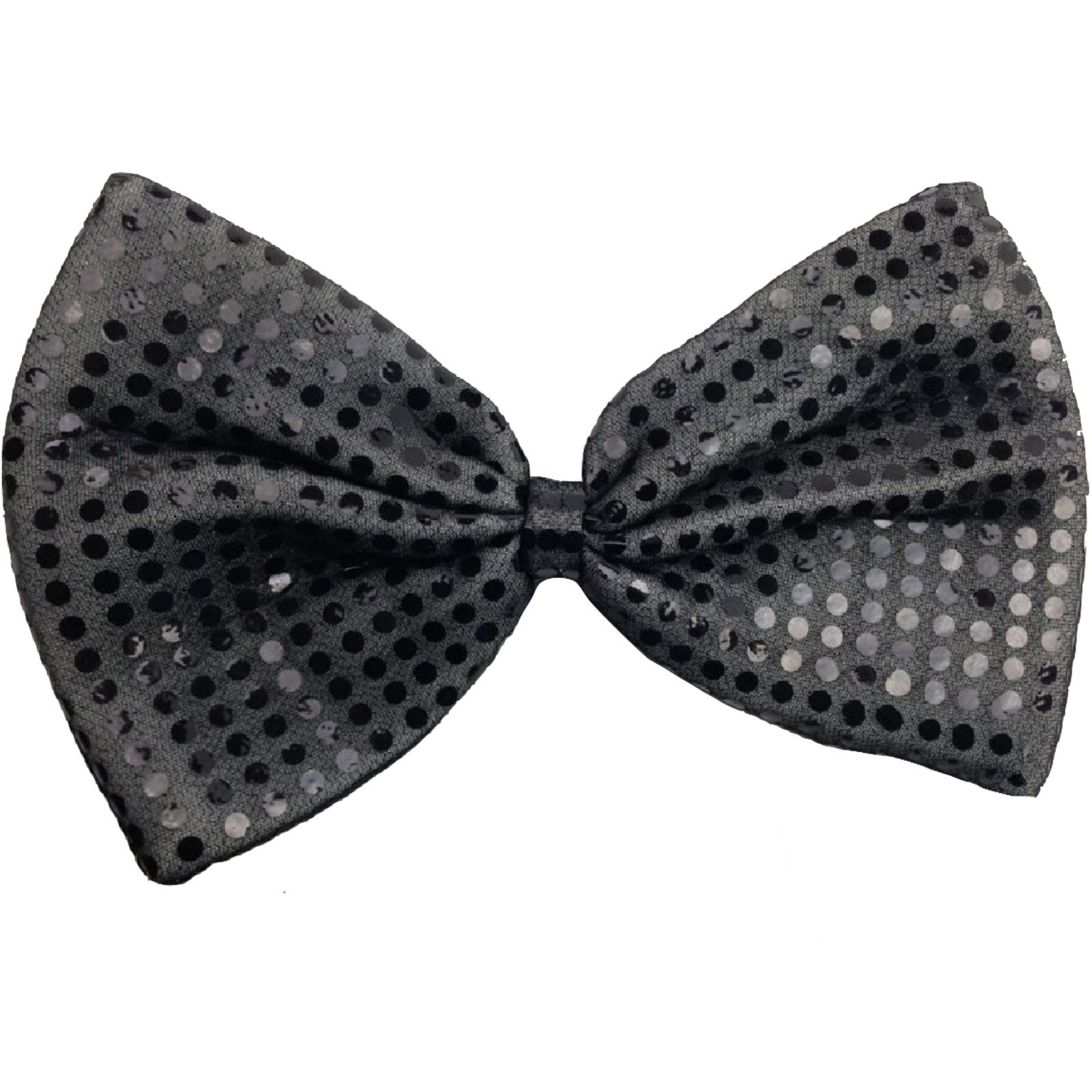 LARGE BOW TIE Sequin Polka Dots Bowtie Big King Size Party Costume - Grey (with black polka dots)