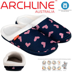 ARCHLINE Orthotic Slippers Slip On Scuffs Pain Relief Moccasins - Navy with Hearts - EUR 35 (Womens US 4)