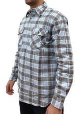 Mens Flannelette Long Sleeve Pullover Shirt 100% Cotton Flannel - Half Placket - Sky Blue/Grey Check - M