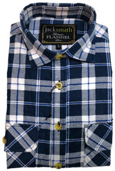 Mens Half Placket Flannelette Long Sleeve Pullover Shirt 100% Cotton Check Authentic Flannel - White/Blue Denim - S