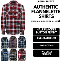 Mens Half Placket Flannelette Long Sleeve Pullover Shirt 100% Cotton Check Authentic Flannel - White/Blue Denim - S