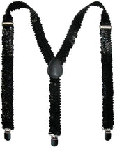 SEQUIN SUSPENDERS Unisex Adjustable Braces Clip On Elastic Y-Back - Black