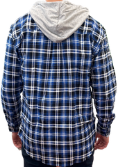 Mens Cotton Flannelette Shirt w Jersey Hood Long Sleeve Flannel - Denim - M