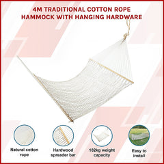 4m Traditional Cotton Rope Hammock with Hanging Hardware