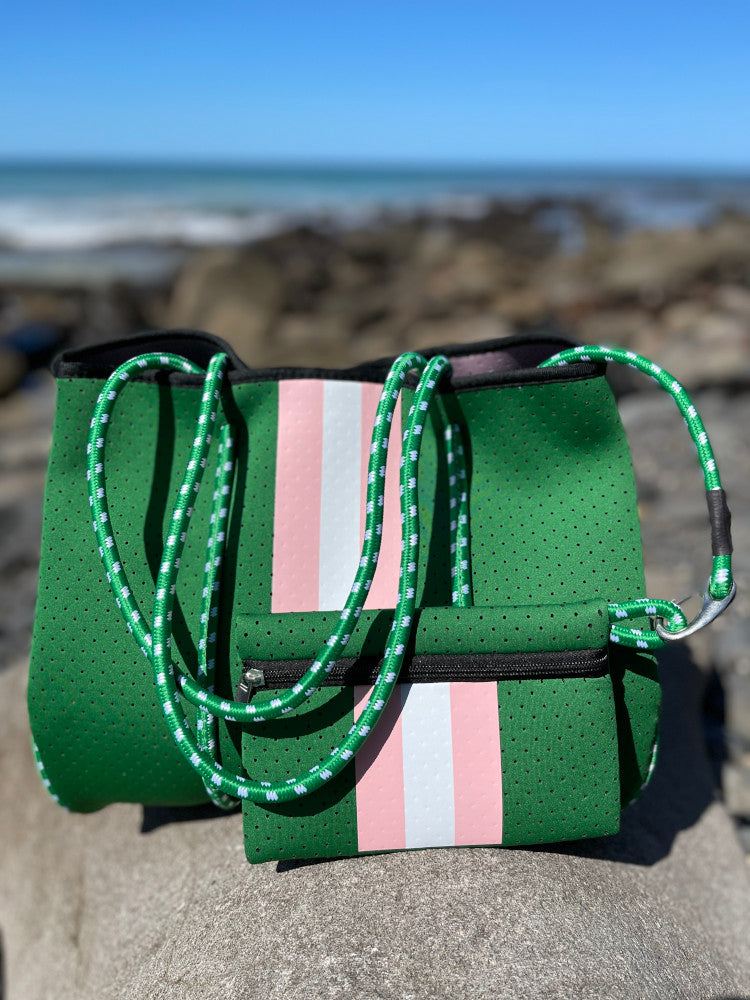 Neoprene Bag - Vegan Tote - 2 Piece Set - Stripe - Emerald Green