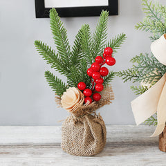 Mini Christmas Pine Tree Decoration - 10.24 Inches Tall with Red Berries and Burlap Base (4 trees)