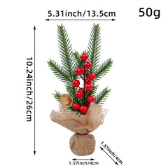 Mini Christmas Pine Tree Decoration - 10.24 Inches Tall with Red Berries and Burlap Base (4 trees)