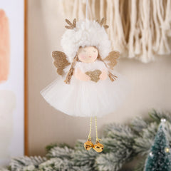 Gold and White Angel Ornament with Bells and Glitter Wings - Christmas Hanging Decoration 16*10*5cm White colour (5 pieces)