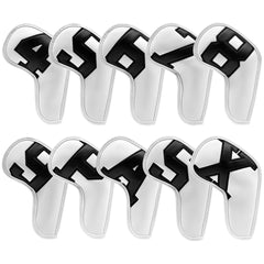 White covers with Black numbers, Premium PU Leather Golf Iron Headcover Set (10pcs) | Numbered 4-9, P, S, A, X | Protective Club Covers for Irons