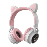 Adorable Cat Ear Wireless Headphones - Bluetooth 5.0, Foldable Design, Glowing RGB LED Lights - Cute Grey Headset