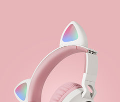 Adorable Cat Ear Wireless Headphones - Bluetooth 5.0, Foldable Design, Glowing RGB LED Lights - Cute Light Blue Headset