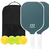 Dark Green Fiberglass Pickleball Paddle Set - 2 Minimalist Paddles, 4 Balls, and Carry Bag for Outdoor Play