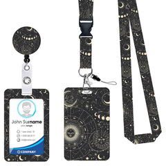 2 Pcs Black Star and Moon Pattern Retractable Badge Reel & ID Card Holder Set with Lanyard - Durable ABS Plastic