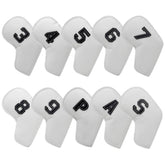 White Golf Iron Head Covers Set of 10 - Waterproof PU Leather Club Protectors with Embroidered Numbers (3-9, P, A, S)