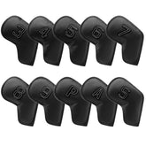 Black Golf Iron Head Covers Set of 10 - Waterproof PU Leather Club Protectors with Embroidered Numbers (3-9, P, A, S)