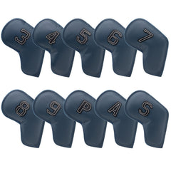 Dark Blue Golf Iron Head Covers Set of 10 - Waterproof PU Leather Club Protectors with Embroidered Numbers (3-9, P, A, S)