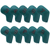 Dark Green Golf Iron Head Covers Set of 10 - Waterproof PU Leather Club Protectors with Embroidered Numbers (3-9, P, A, S)