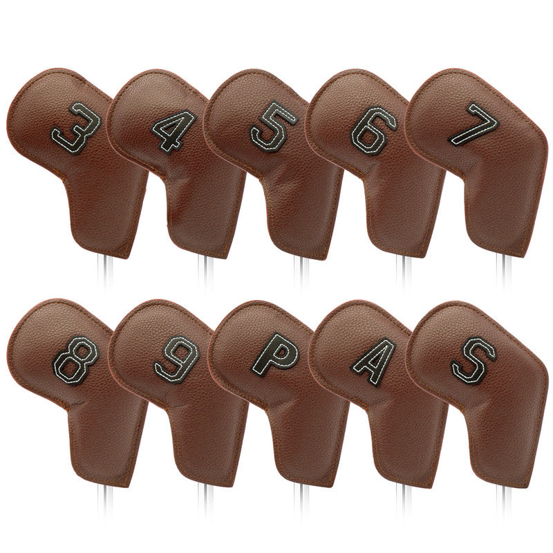 Brown Golf Iron Head Covers Set of 10 - Waterproof PU Leather Club Protectors with Embroidered Numbers (3-9, P, A, S)