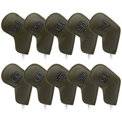 Gray Green Golf Iron Head Covers Set of 10 - Waterproof PU Leather Club Protectors with Embroidered Numbers (3-9, P, A, S)