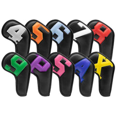 Colorful Words On Black Background PU Leather Golf Iron Headcovers Set (10pcs) - Numbered Protective Club Covers (4-9, P, A, S, L) Universal Fit