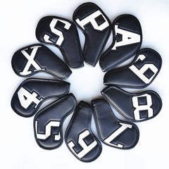 White Words On Black Background PU Leather Golf Iron Headcovers Set (10pcs) - Numbered Protective Club Covers (4-9, P, A, S, L) Universal Fit