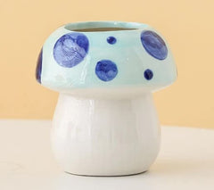 Blue Adorable Ceramic Mushroom Desk Organizer - Cute Pen & Makeup Brush Holder