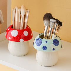 Blue Adorable Ceramic Mushroom Desk Organizer - Cute Pen & Makeup Brush Holder