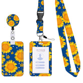 2-pcs Retractable ID Badge Reel Lanyard Set with Vertical Hard Plastic Card Holder - Blue Yellow Floral (Style 1)