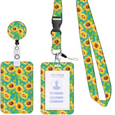 2-pcs Retractable ID Badge Reel Lanyard Set with Vertical Hard Plastic Card Holder - Green sunflowers (Style 2)