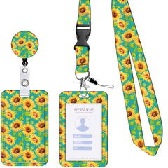 2-pcs Retractable ID Badge Reel Lanyard Set with Vertical Hard Plastic Card Holder - Green sunflowers (Style 2)