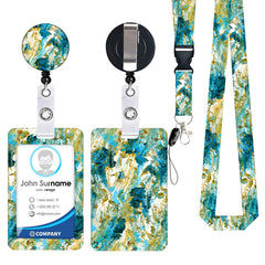 2-pcs Retractable ID Badge Reel Lanyard Set with Vertical Hard Plastic Card Holder - Blue rock patterns (Style 3)