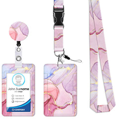 2-pcs Retractable ID Badge Reel Lanyard Set with Vertical Hard Plastic Card Holder - Pink marble patterns (Style 6)
