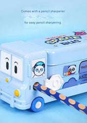 2-pcs Blue Fun School Bus Pencil Box with Built-in Sharpener - 3 Layer Large Capacity Stationery Box for Kids