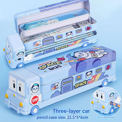 2-pcs (One pink and one blue) Fun School Bus Pencil Box with Built-in Sharpener - 3 Layer Large Capacity Stationery Box for Kids