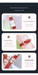 Rose gold shell, white plate, green belt Ladies Quartz Watch - Classic Rectangular, Leather Band
