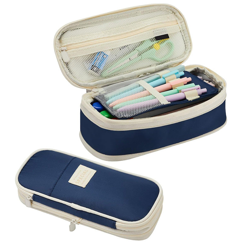 Dark Blue Large Capacity Expandable Pencil Case - Multi-Compartment Student Stationery Pouch (Only with pencil case)
