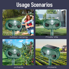 Green Advanced Solar Powered Ultrasonic Animal Repeller - Outdoor Pest Deterrent with Motion Sensor, Strobe Light & Laser