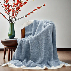 Beige and White Plush Chenille-Knit Throw Blanket - Soft Cozy Polyester for Bed & Sofa | Textured Two-Tone Design (127x153cm)