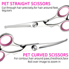 Blue and Silver Complete 5-Piece Pet Grooming Scissors Kit - Stainless Steel Straight, Curved & Thinning Shears with Comb & PU Case (6.0 Inch)