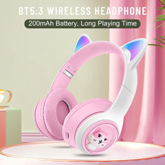 Cute Cat Ear Wireless Headphones - BT5.3, LED Lights, TF Card Slot, Soft Protein Padding(black)