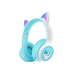 Cute Cat Ear Wireless Headphones - BT5.3, LED Lights, TF Card Slot, Soft Protein Padding(Blue)